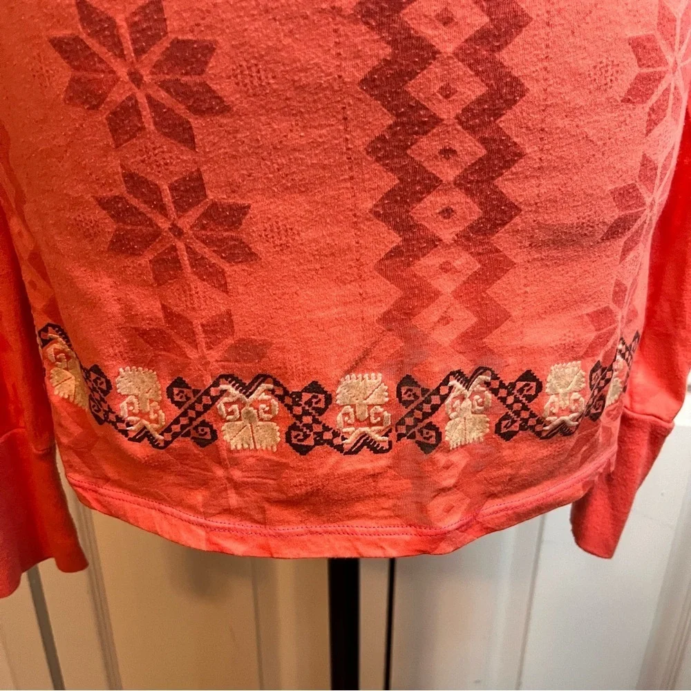 Free People Y2K 2 Tone Orange Long Sleeve Aztec Bird Shirt Sz L Southwest Boho
